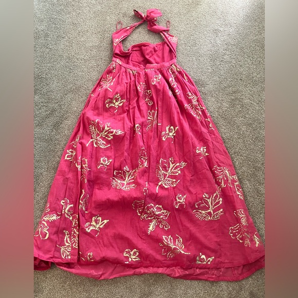 Free People Long Baja Babe Cut Out Hot Pink Gold Floral Flowy Midi Dress Medium - Picture 4 of 12